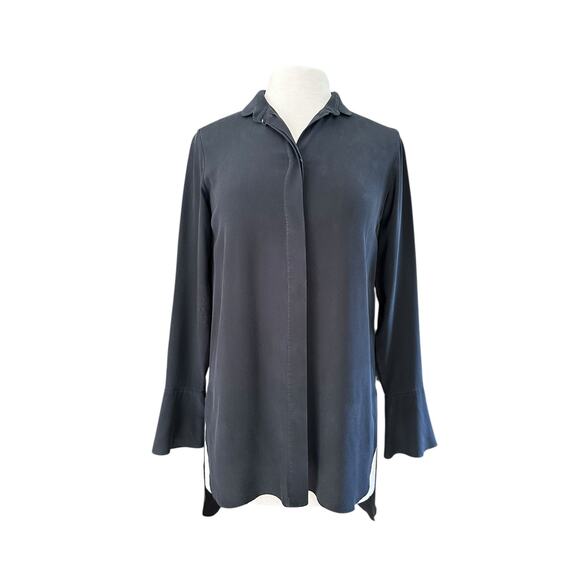 Vintage Chloe Silk Soft Black Bell Sleeve Oversized Tunic Button Down Blouse XS - Picture 1 of 13